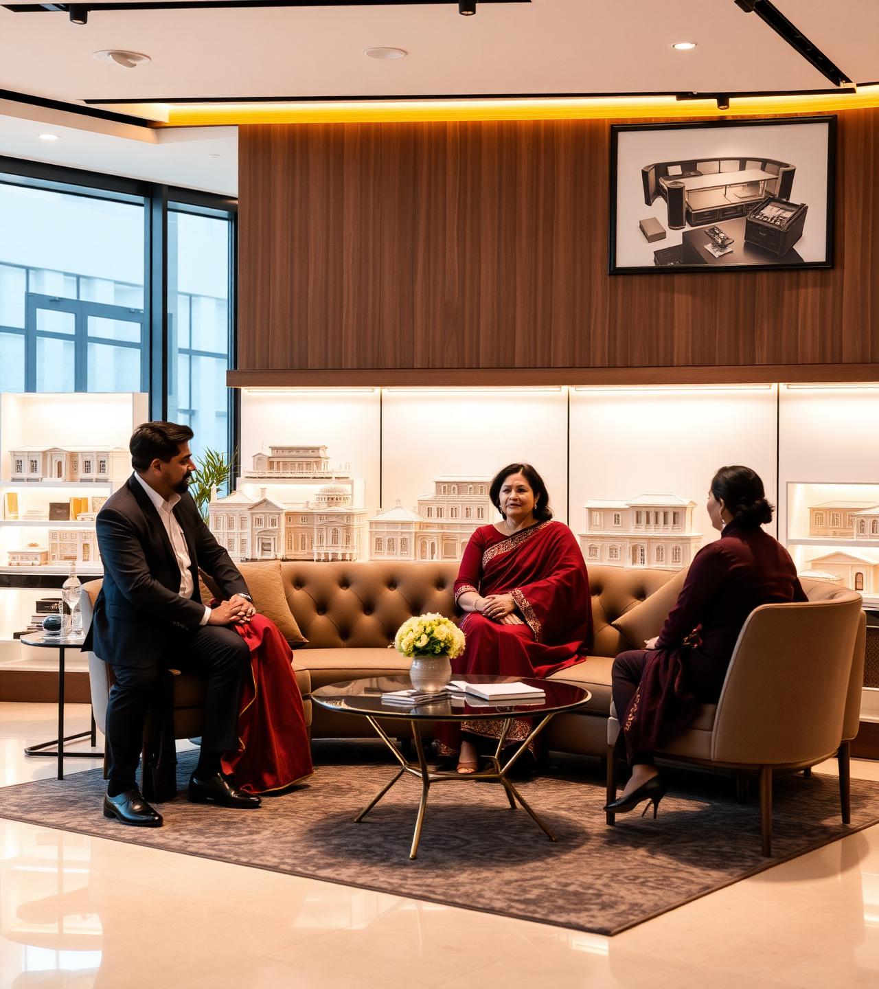 VJ Urban Reality advisors meeting with a client family in a luxury property showroom