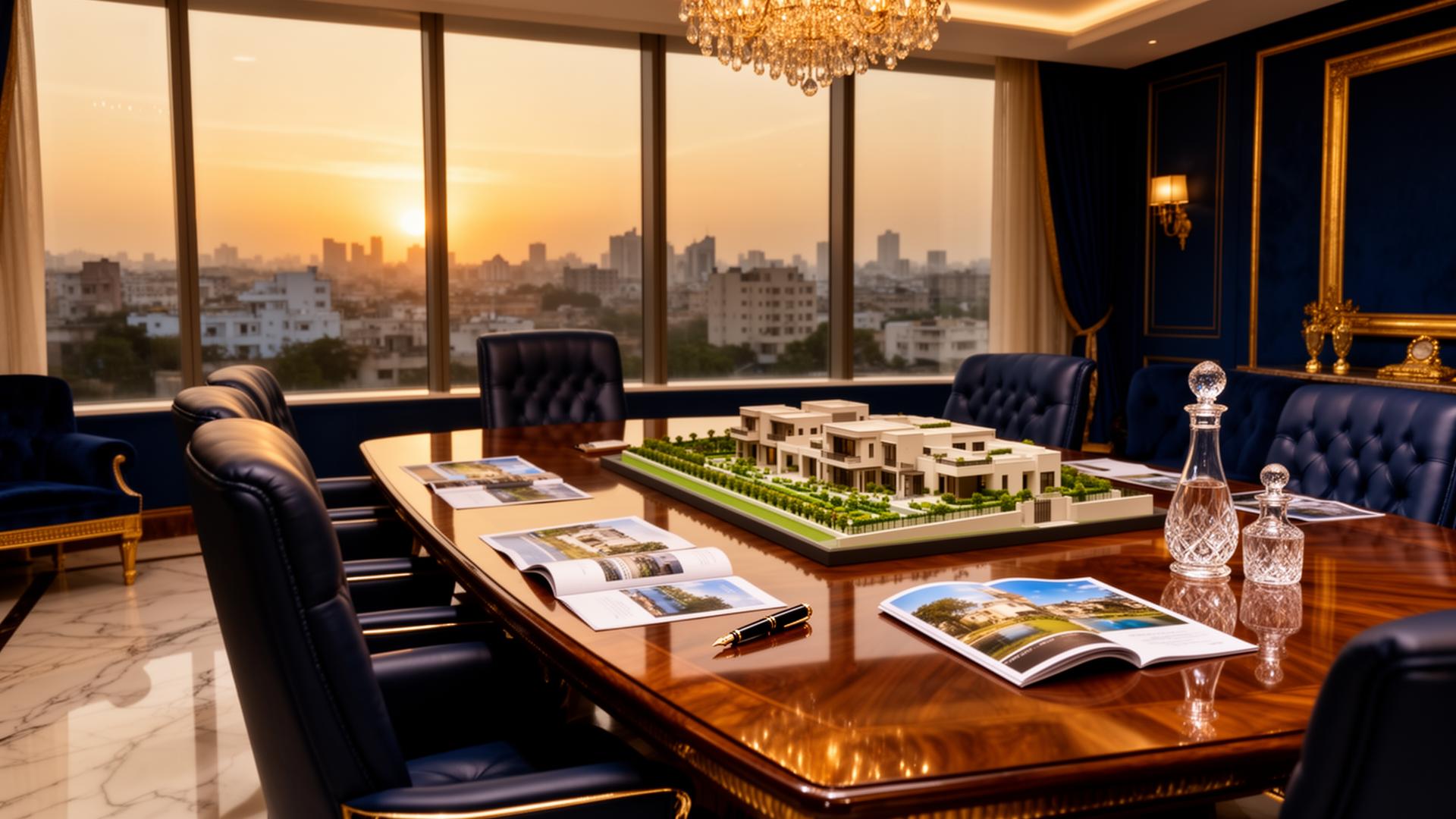 Luxury private consultation lounge overlooking Hyderabad skyline at golden hour